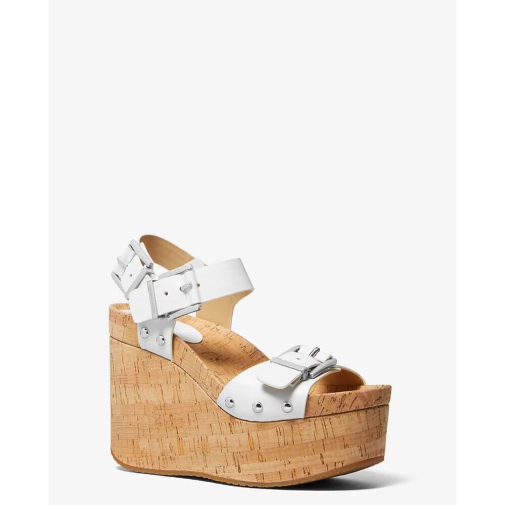 Michael Kors White Leather Cork Platform Wedge Sandals